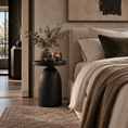 Load image into Gallery viewer, black accent table in room by bed with a vase on it
