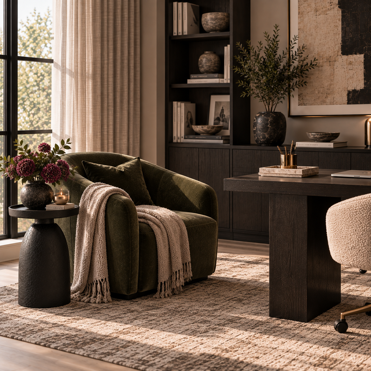 black accent table in office next to accent chair and across from desk