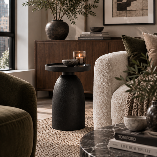 black accent table with candle and bowl on it next to a sofa and accent chair