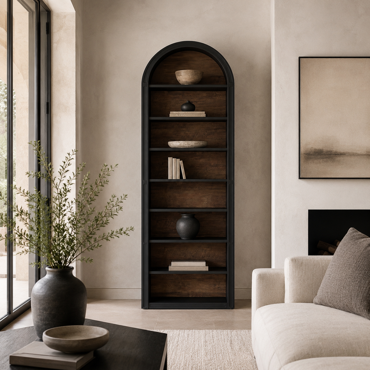 black arched bookcase with dark wood shelves, styled with books, bowls, and a vase in a modern living room setting.