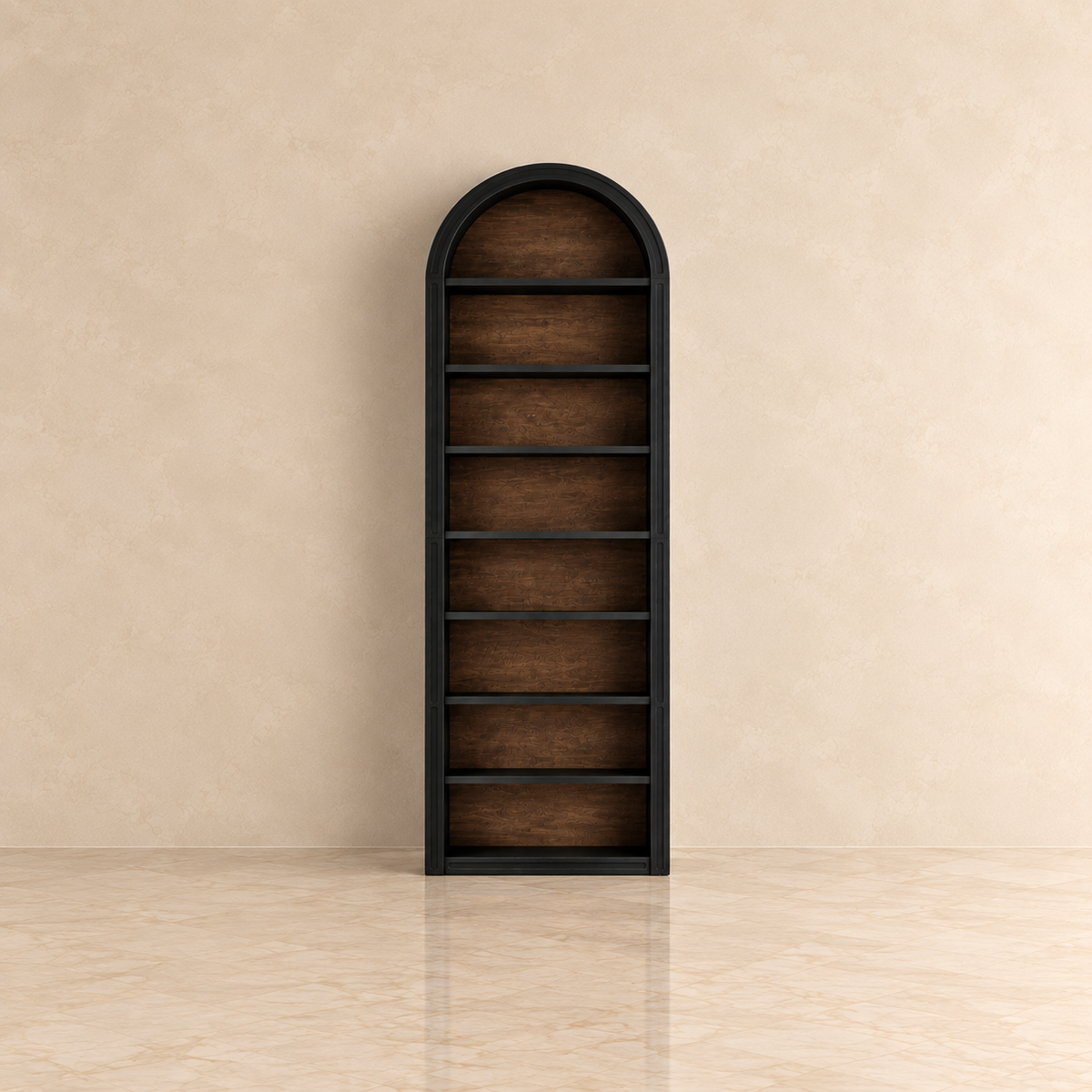black arched bookcase alone in a room with beige walls