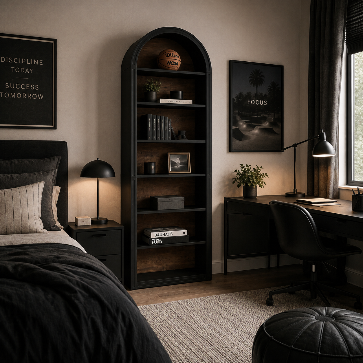 black arched bookcase in teen's room by desk and bed