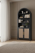 Load image into Gallery viewer, black bookcase by window next to area rug
