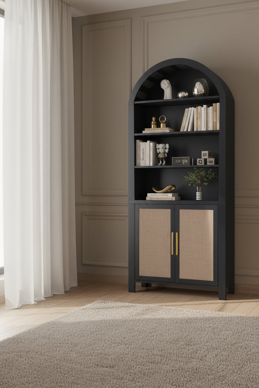 black bookcase by window next to area rug