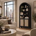 Load image into Gallery viewer, black bookcase in an apartment in the city with a sofa across from it
