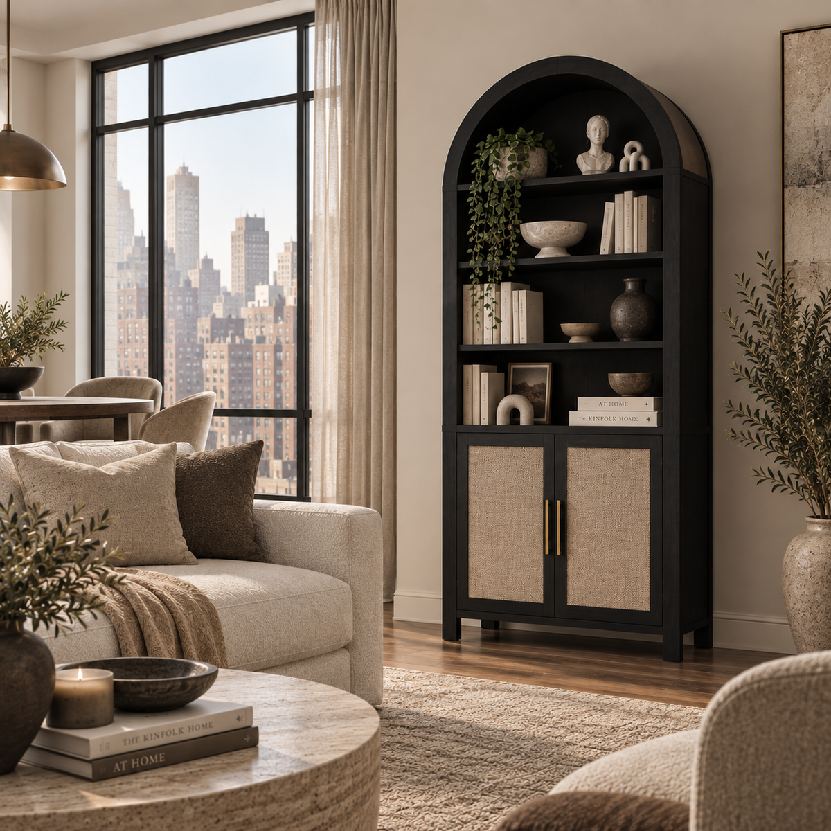 black bookcase in an apartment in the city with a sofa across from it