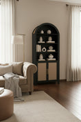 Load image into Gallery viewer, black bookcase in living room next to sofa and floor lamp
