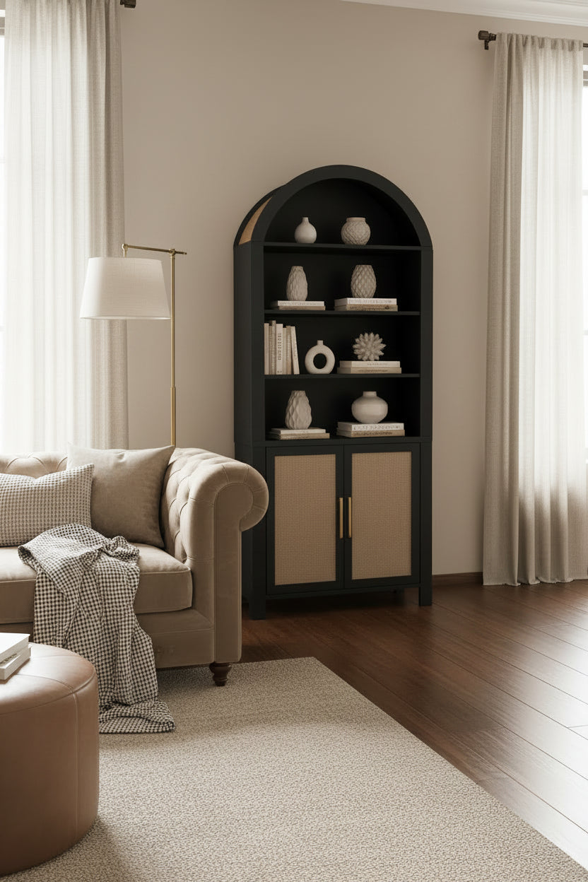 black bookcase in living room next to sofa and floor lamp