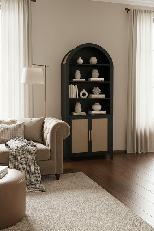 black bookcase in living room next to sofa and floor lamp