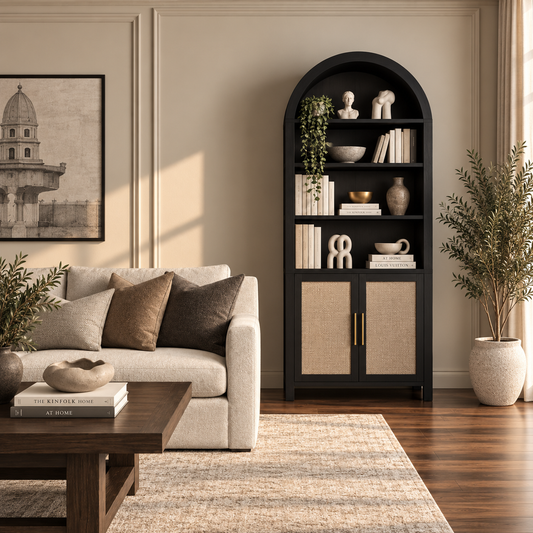 black bookcase in living room with a sofa and decor