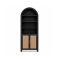 Load image into Gallery viewer, A tall black bookcase with three open shelves and two lower cabinet doors featuring natural woven cane panels and slim gold handles, shown against a plain white background.
