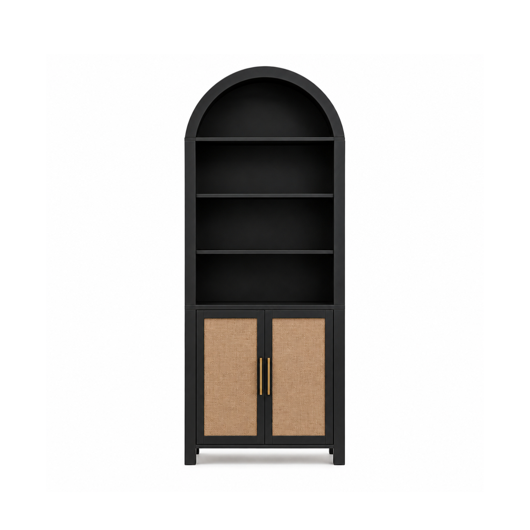 A tall black bookcase with three open shelves and two lower cabinet doors featuring natural woven cane panels and slim gold handles, shown against a plain white background.