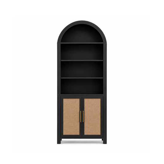 A tall black bookcase with three open shelves and two lower cabinet doors featuring natural woven cane panels and slim gold handles, shown against a plain white background.