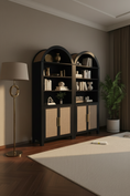 Load image into Gallery viewer, black bookases in room next to floor lamp and faux plant
