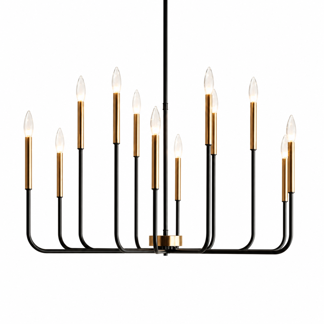 A modern 10-light candelabra-style black chandelier with a matte black metal frame, brushed brass cylindrical accents, and clear glass candle-shaped bulbs, shown against a plain white background.