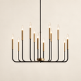 Load image into Gallery viewer, A modern 12-light chandelier with a matte black metal frame and brushed brass cylindrical candle-style bulbs, suspended against a warm off-white background.
