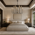 Load image into Gallery viewer, A modern bedroom interior featuring a large black multi-arm black chandelier with lit candle-style bulbs hanging above a bed. The room has warm beige walls, a low upholstered bed, matching nightstands, table lamps, dark wood ceiling beams, and a large window on the right.
