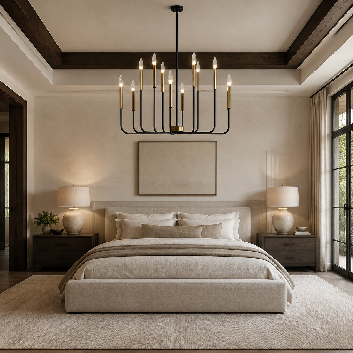 A modern bedroom interior featuring a large black multi-arm black chandelier with lit candle-style bulbs hanging above a bed. The room has warm beige walls, a low upholstered bed, matching nightstands, table lamps, dark wood ceiling beams, and a large window on the right.