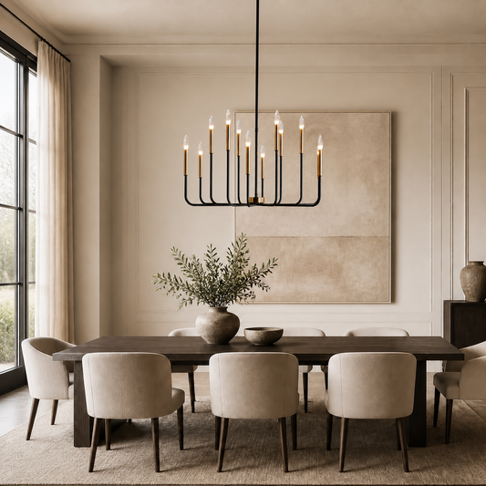 A modern dining room featuring a black chandelier hanging above a dark wood dining table with upholstered cream chairs. The room has warm beige walls, a large abstract canvas print, and a window with sheer curtains on the left.