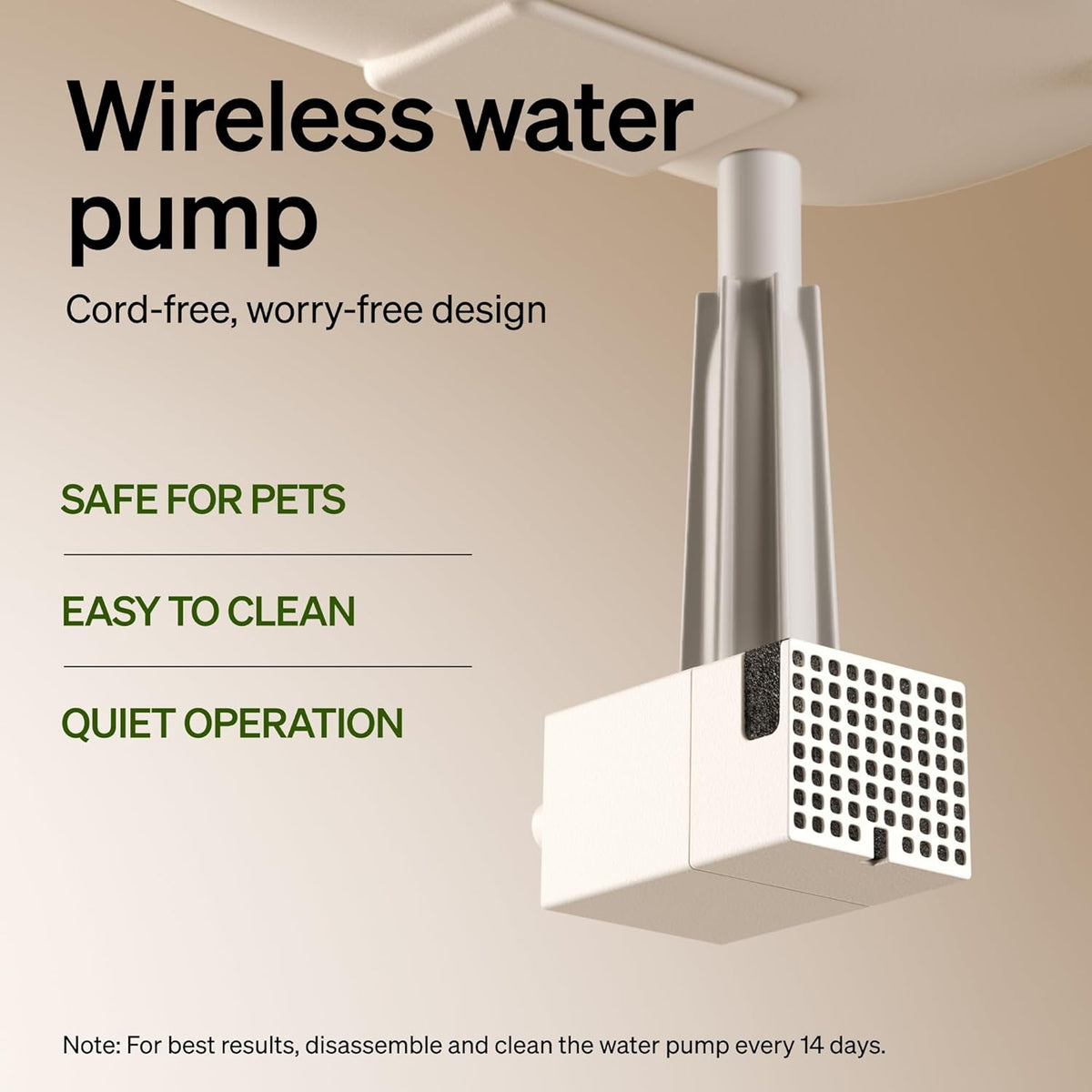 Wireless water pump for a black cordless pet fountain, featuring a cord-free design for quiet operation and easy cleaning.