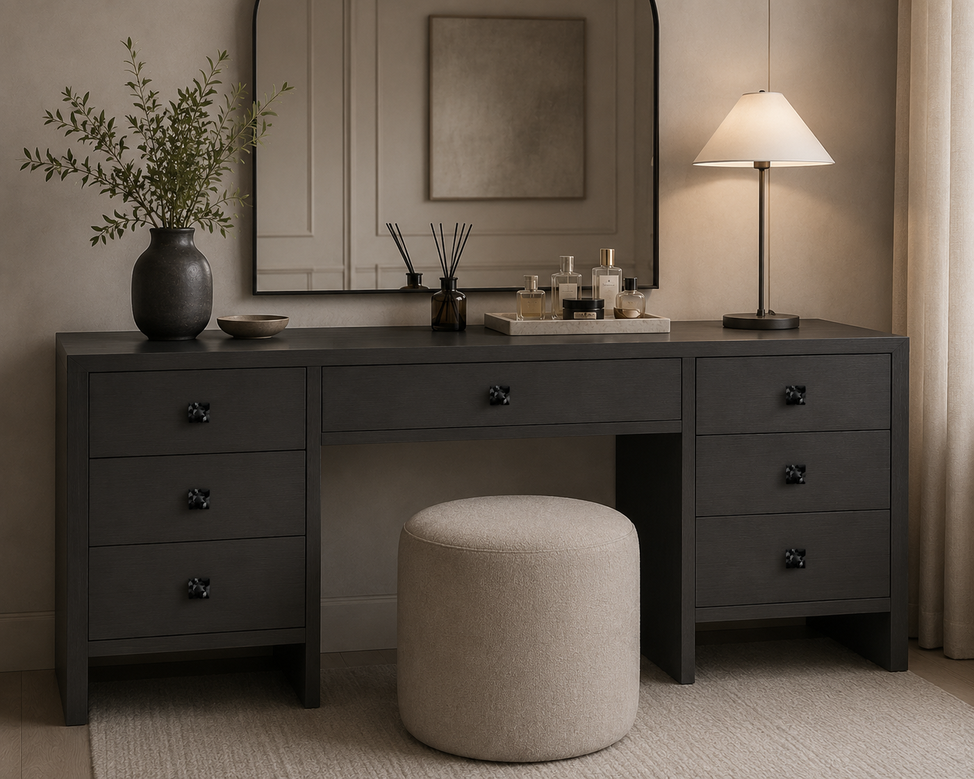 black crystal cabinet knob on vanity desk in room