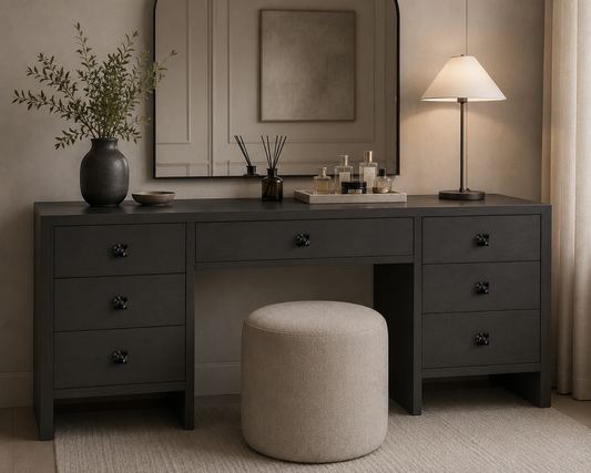 black crystal cabinet knob on vanity desk in room