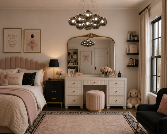 glass globe chandelier in bedroom in front of a vanity with a mirror