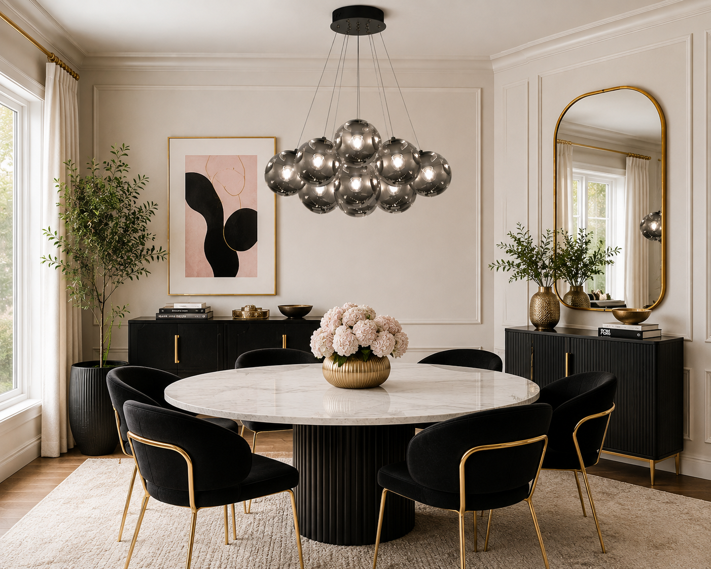 A modern dining room featuring a round white marble-top dining table with a black ribbed pedestal base, surrounded by black velvet chairs with gold legs. A black chandelier with multiple spherical glass globes hangs above.