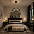 Load image into Gallery viewer, black globe chandelier hanging above a black tufted bed. The room is styled in a classic high-end aesthetic with dark wood nightstands, gold accents, a cream upholstered bench at the foot of the bed, a patterned area rug, and a large arched mirror on the wall.
