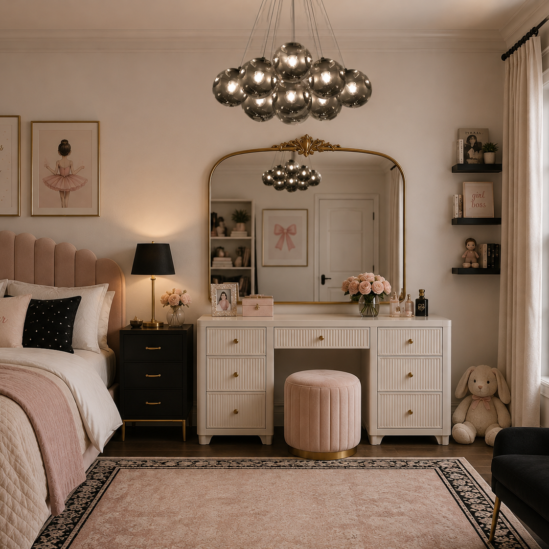 Black globe chandelier with smoked gray glass shades hanging above a vanity in an elegant pink bedroom