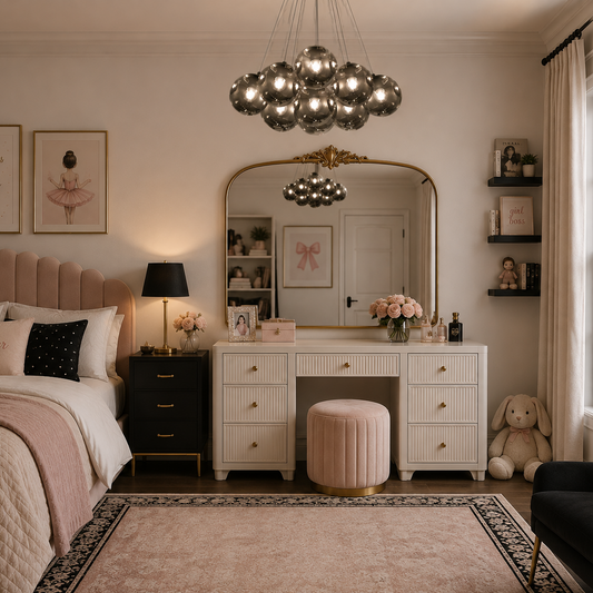 Black globe chandelier with smoked gray glass shades hanging above a vanity in an elegant pink bedroom