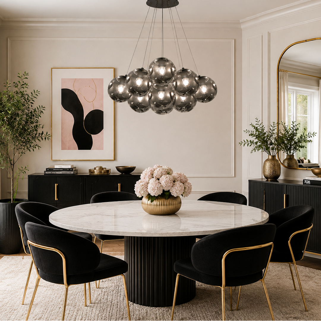 Black globe chandelier with smoked gray glass shades hanging above a round marble dining table