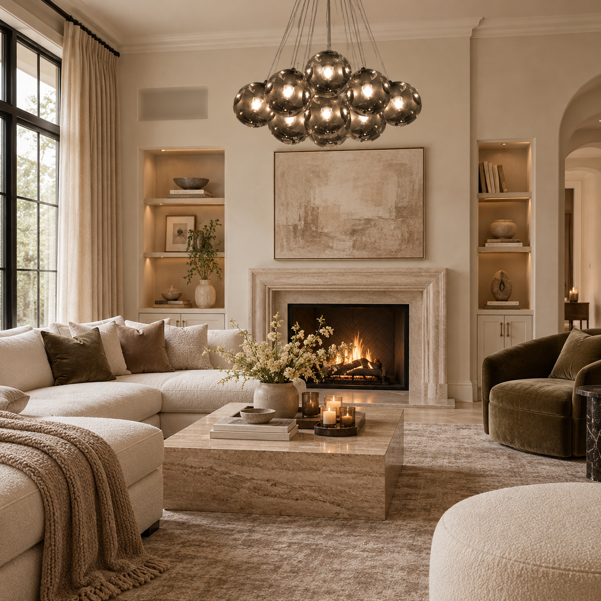 Black globe chandelier with smoked gray glass shades hanging above a luxury living room with a cream sectional, marble fireplace, and green velvet chair.