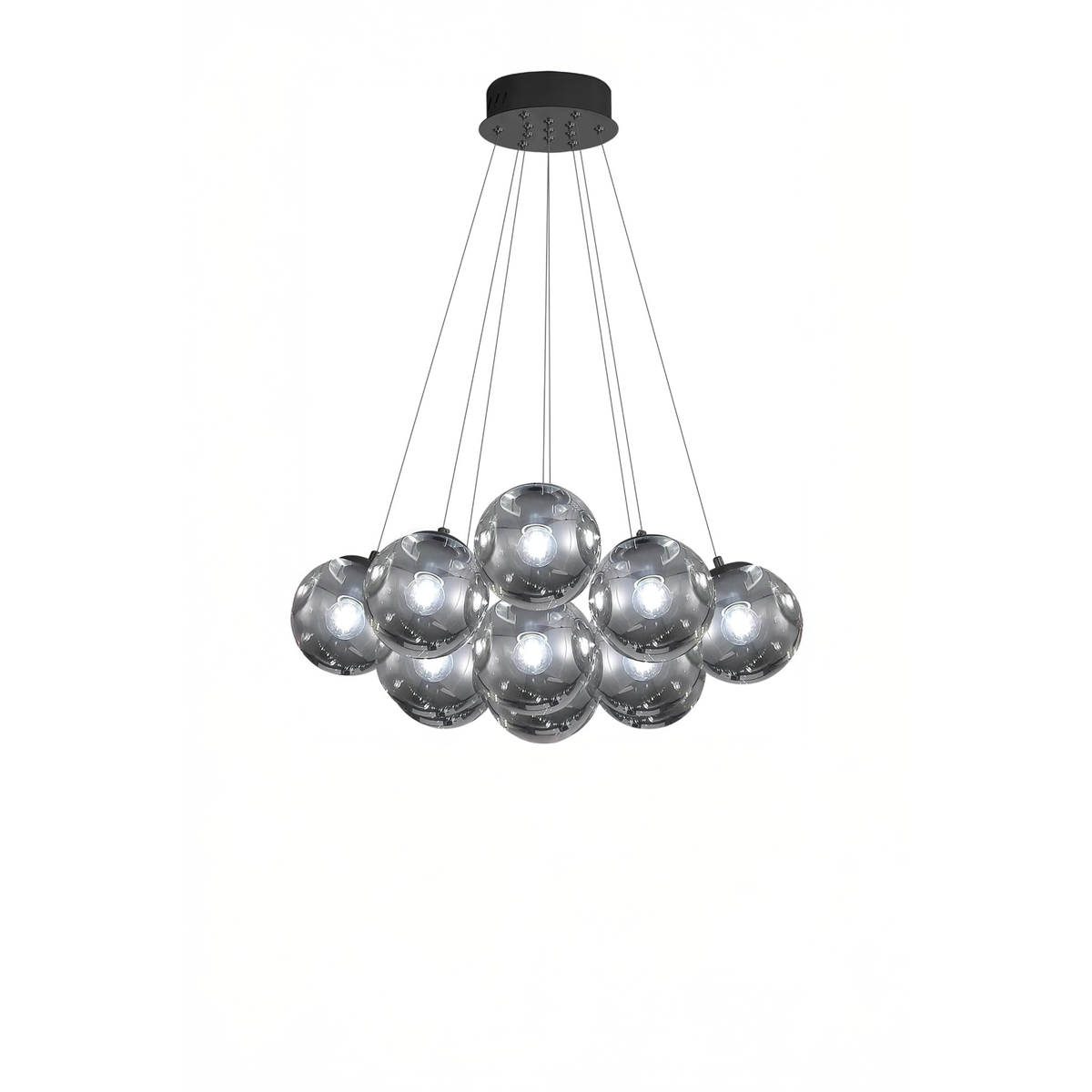 Modern cluster chandelier with nine reflective silver glass globe shades suspended from a black ceiling canopy by thin cables, shown against a plain white background.