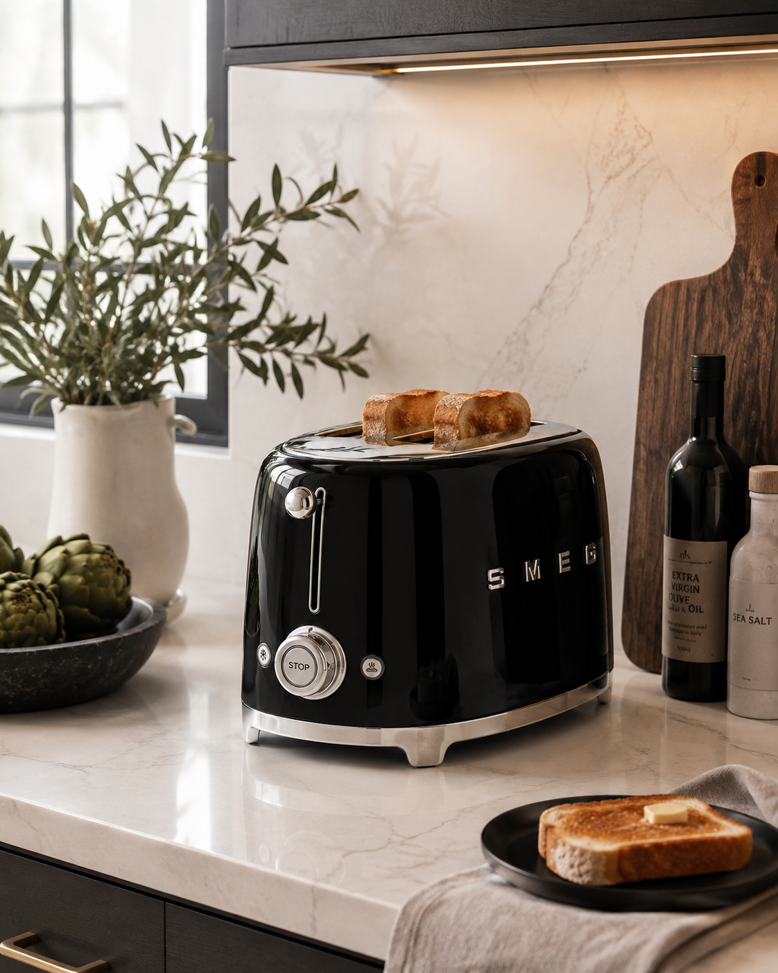 black toaster with silver accents sits on a white marble kitchen countertop, toasting two slices of bread. The scene is styled with a bottle of olive oil, a jar of salt, a wooden cutting board, and a plate of toast in a modern kitchen setting.