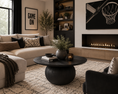 Load image into Gallery viewer, A styled living room interior featuring a beige sectional sofa with patterned throw pillows, a round dark coffee table, a black spherical side table, a fireplace with a wood-look surround, shelving, and wall art.

