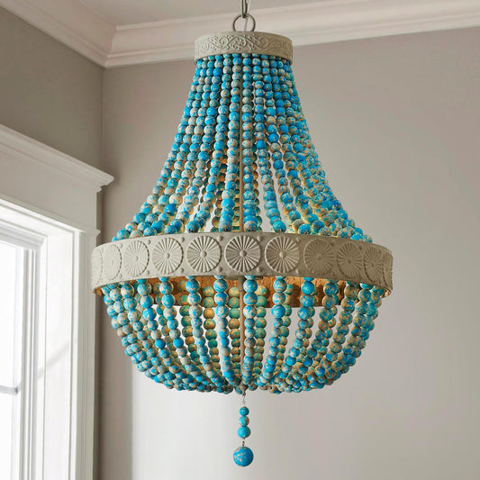 boho beaded chandelier hanging in room