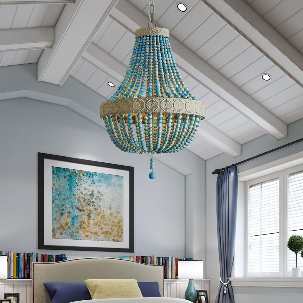 boho beaded chandelier hanging from ceiling in a room