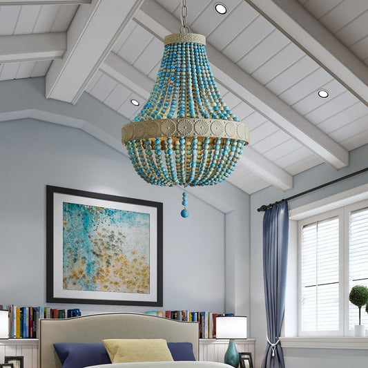boho beaded chandelier hanging from ceiling in a room