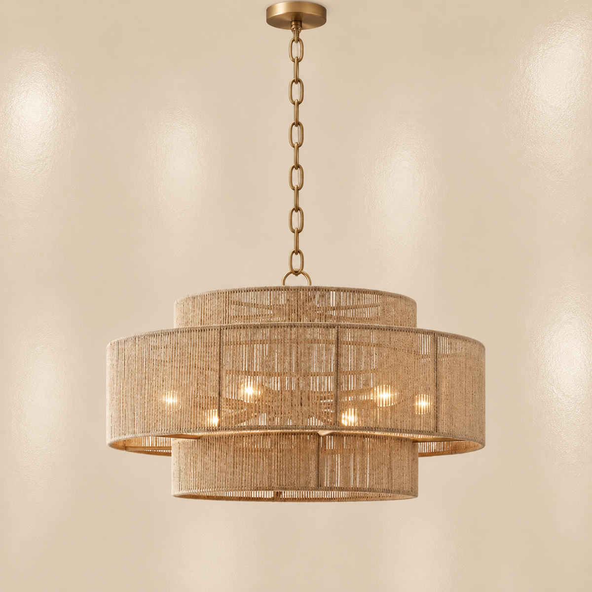 A two-tiered drum boho chandelier with a natural woven rattan shade and a brushed brass metal frame, hanging from a matching brass chain against a warm beige wall.