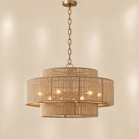 A two-tiered drum boho chandelier with a natural woven rattan shade and a brushed brass metal frame, hanging from a matching brass chain against a warm beige wall.