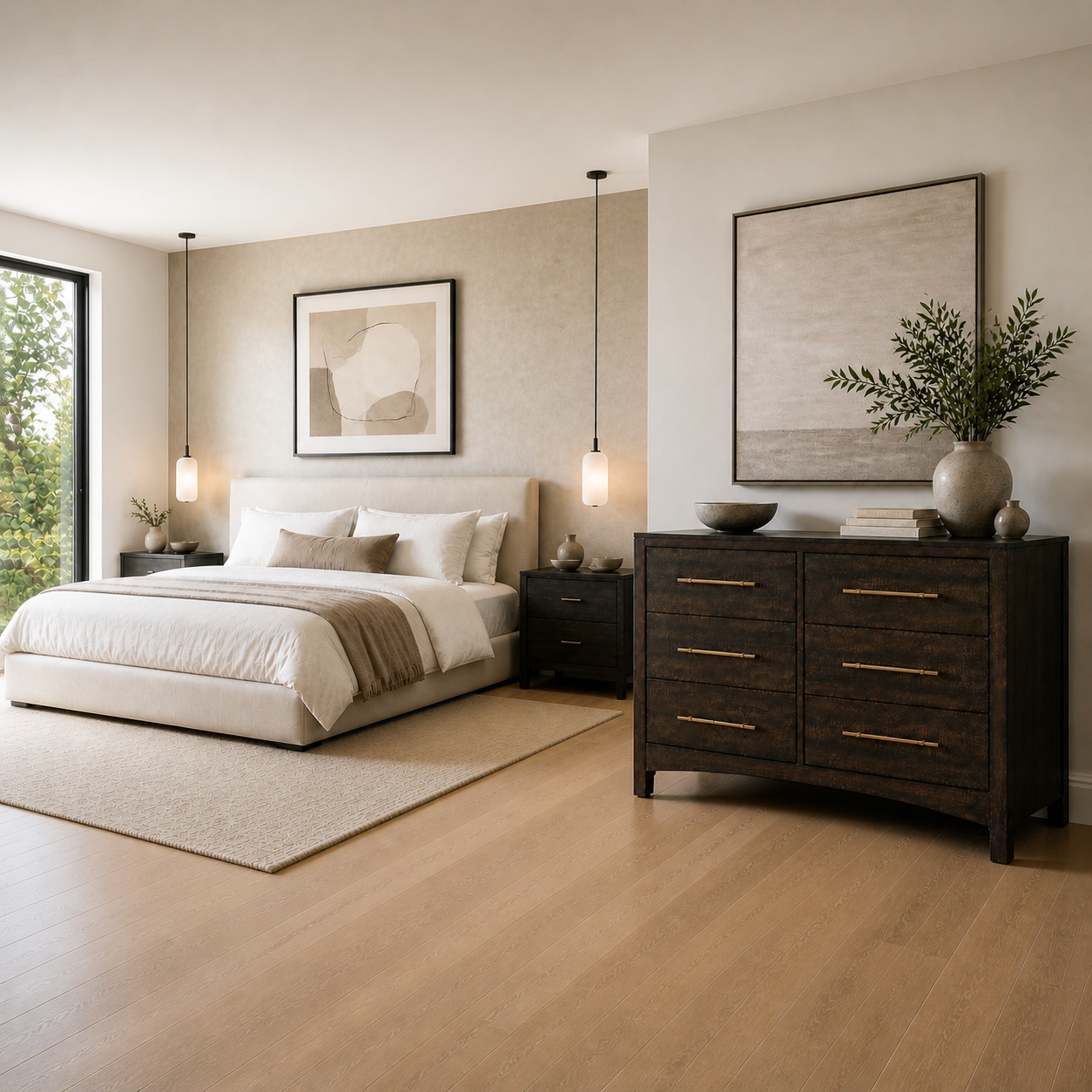 6 drawer dresser in bedroom under artwork on the wall with a vase on it