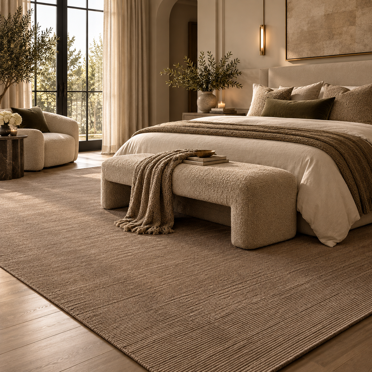 A large textured beige area rug in a modern, warm-toned bedroom setting. The rug covers the floor in front of and around a bed with neutral bedding, a matching upholstered bench, and a side chair near tall windows.