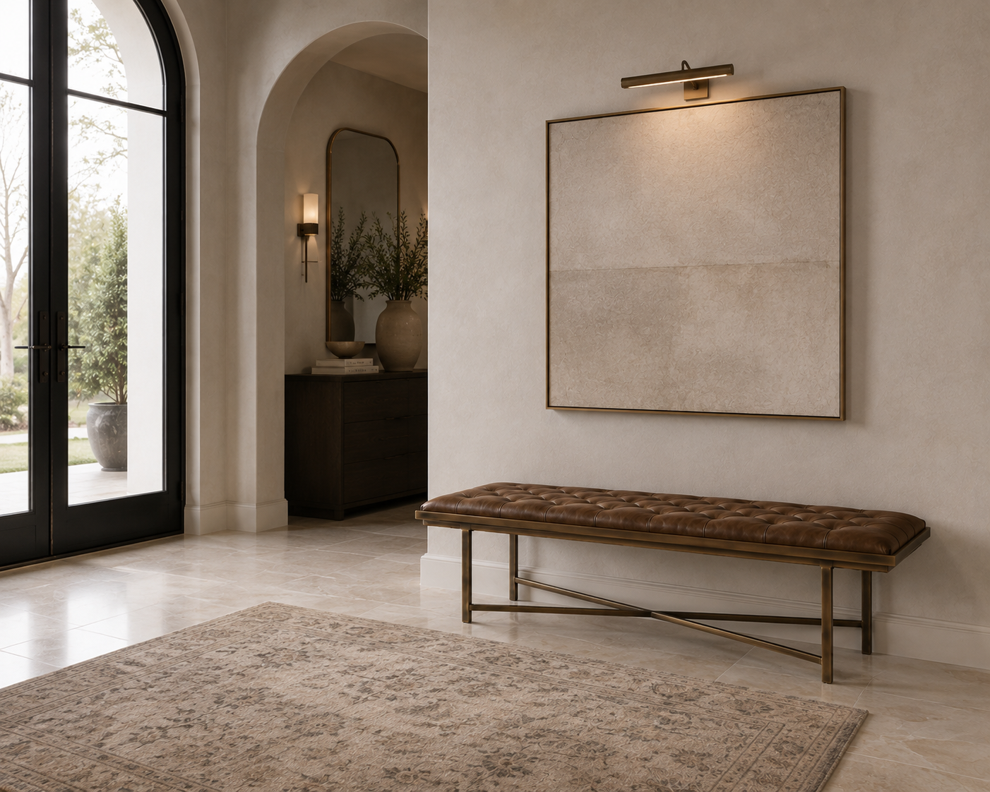 A large square framed wall art piece with a textured beige linen-like surface hangs on a cream stucco wall in a modern entryway. Below it is a tufted brown bench with a brass metal frame.