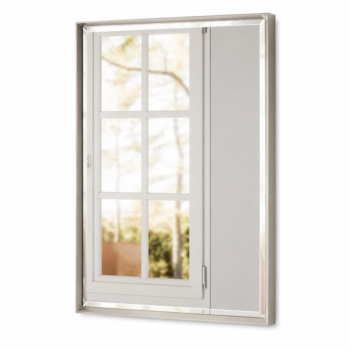 brushed nickel mirror on white wall