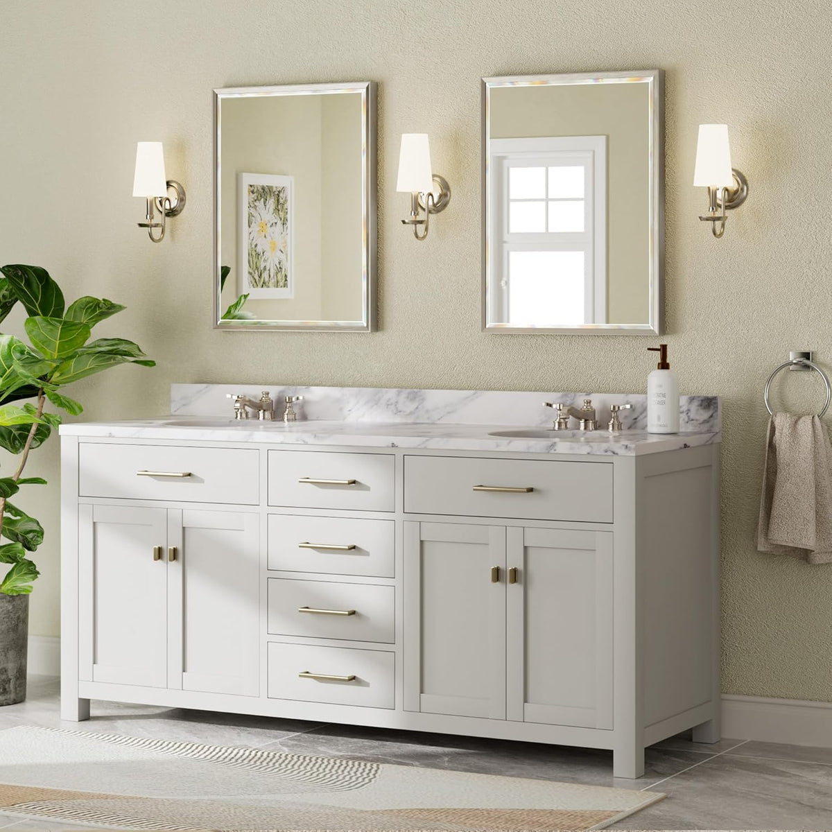 Brushed Nickel Bathroom Mirror above each sink in a bathroom