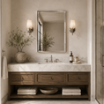 Load image into Gallery viewer, A double-sink bathroom vanity with a white marble countertop, dark wood cabinet, and a brushed nickel mirror. The space is styled with wall-mounted sconces, a vase of greenery, folded towels, and a glass shower door on the right.

