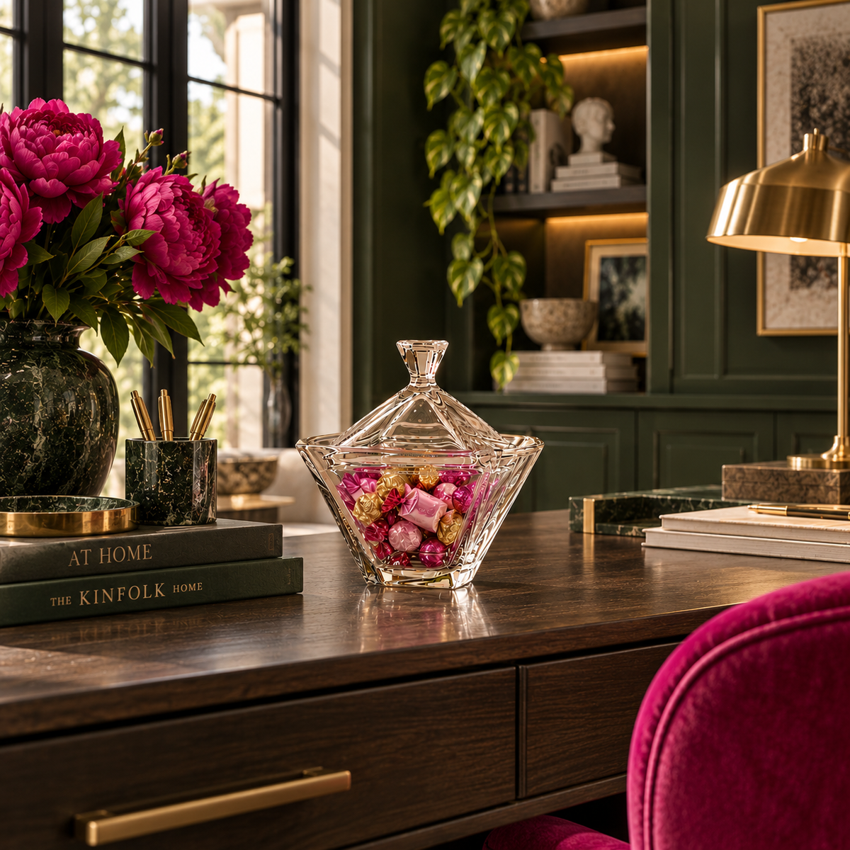 A clear candy dish with a pointed top sits on a dark wood desk in a styled home office. The desk also holds a vase of bright pink peonies, stacked books, a brass desk lamp, and a magenta chair in the foreground.