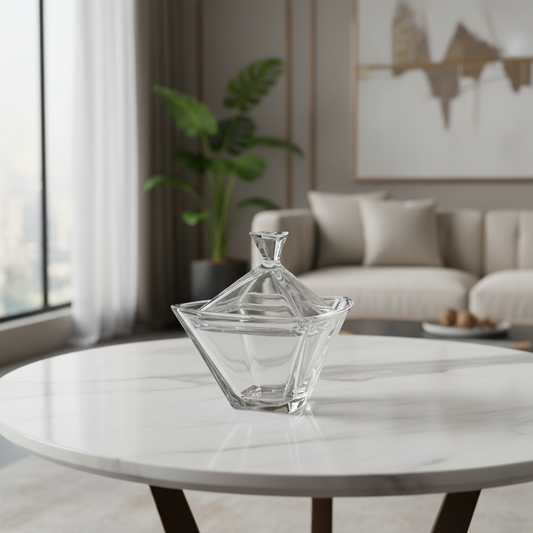 Candy dish styled on a coffee table in a modern living room with neutral décor