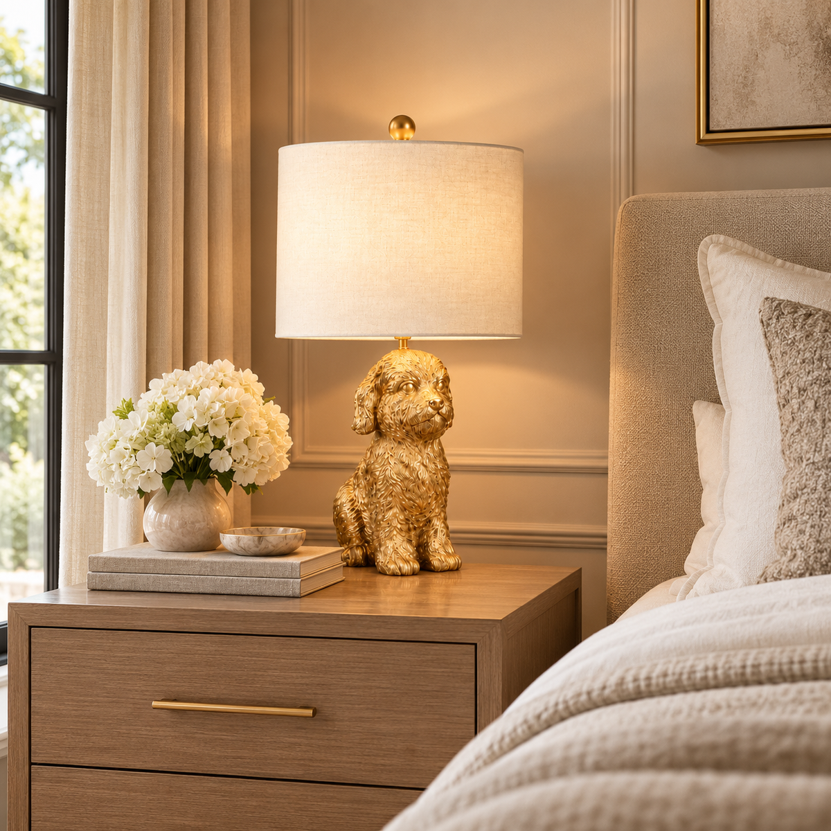 Cavadoodle lamp with a sculptural gold dog base and cream linen shade on a wooden nightstand in a neutral bedroom.